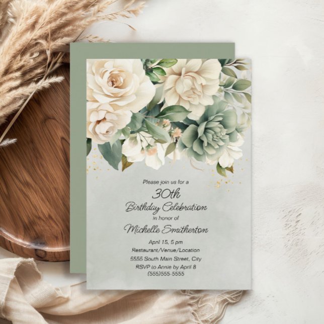 White Sage Grönt Blommigt Guld 30års födelsedag Inbjudningar (White and sage green floral 30th birthday invitation)
