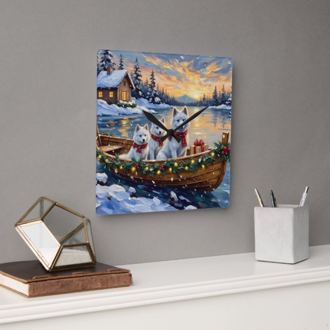 White Samoyed Christmas Boat Holiday Fyrkantig Klocka (Kontor)