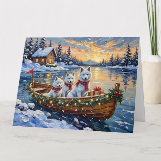White Samoyed Christmas Boat Holiday Kort (Framsida)