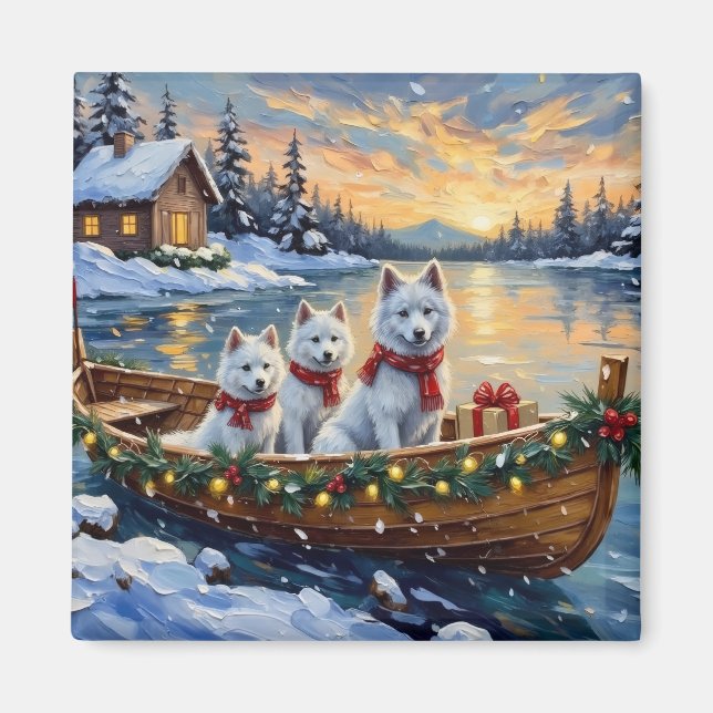 White Samoyed Christmas Boat Holiday Magnet (Framsidan)