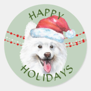 White Samoyed Hund Santa Hat Glad helg Runt Klistermärke