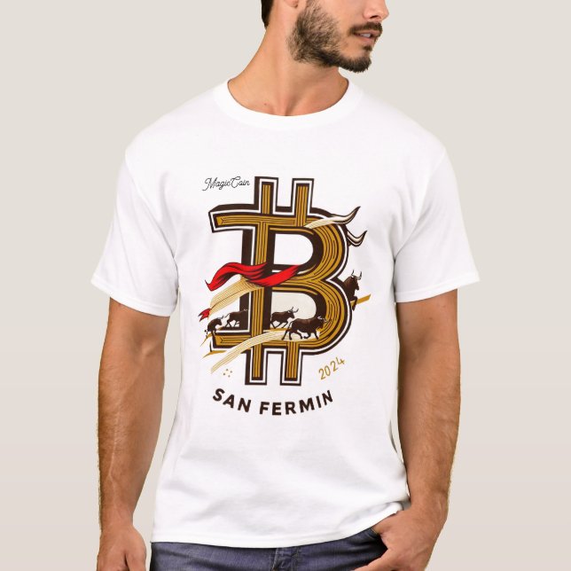 White San Fermin and cryptocurrencies t-shirt. T Shirt (Framsida)