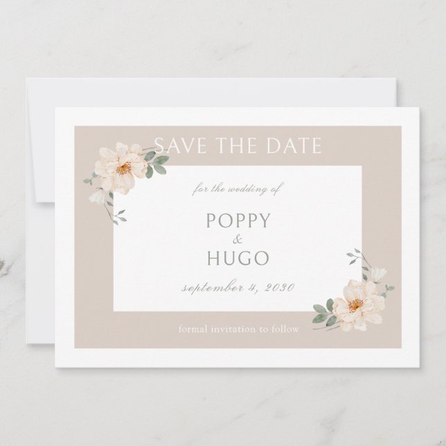 White & Sand | Chic Blommig Bröllop Save the Date (Framsida)