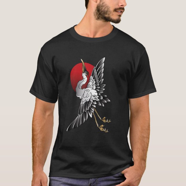white Sandhill Crane Bird Japanese style art  T Shirt (Framsida)