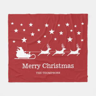 White Santa Sleigh och God jul Text på Red Fleecefilt