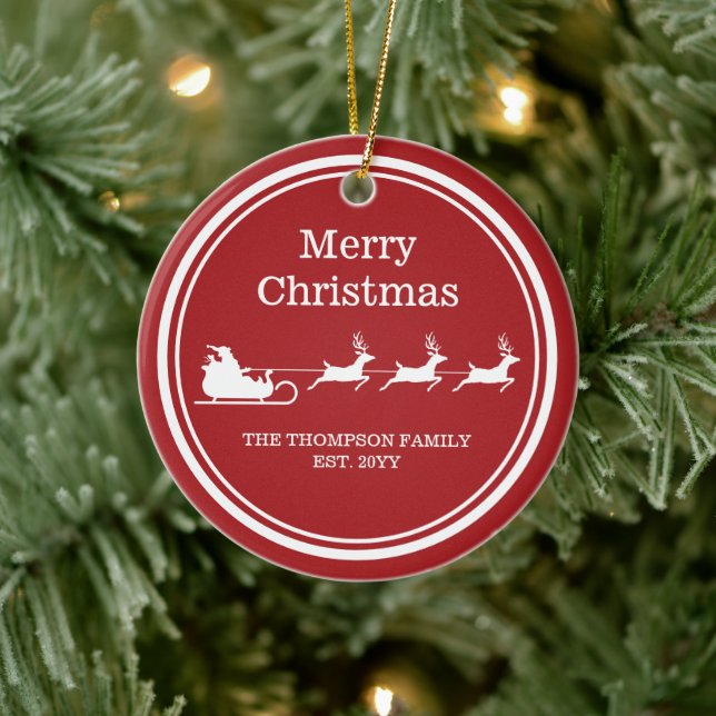 White Santa Sleigh och God jul Text på Red Julgransprydnad Keramik (Träd)