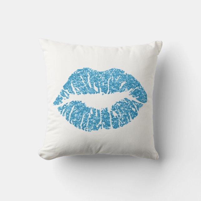 White Sapphire Blue Glitter Kiss Läppar Makeup Kudde (Framsida)