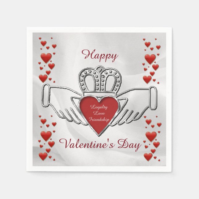 White Satin Claddagh Symbol Valentine Napkins Pappersservett (Framsidan)
