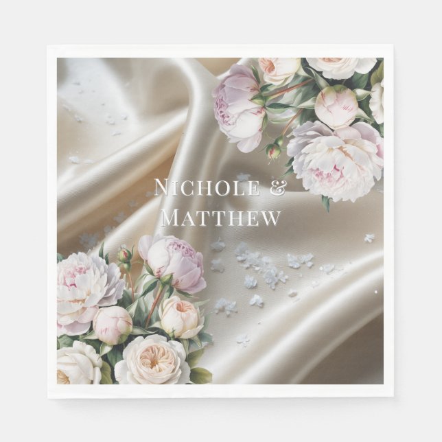 White Satin with Roses and Peony Wedding Pappersservett (Framsidan)