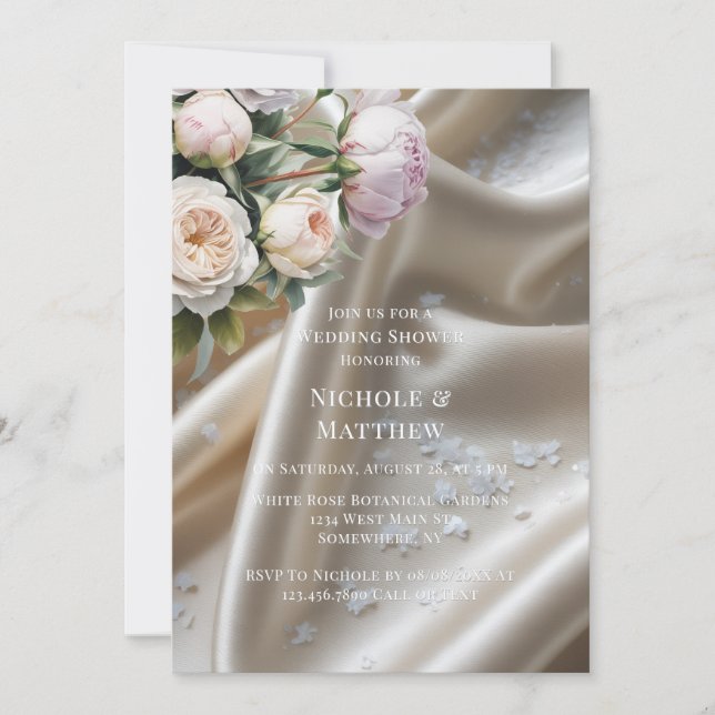White Satin with Roses and Peony Wedding Shower Inbjudningar (Framsida)