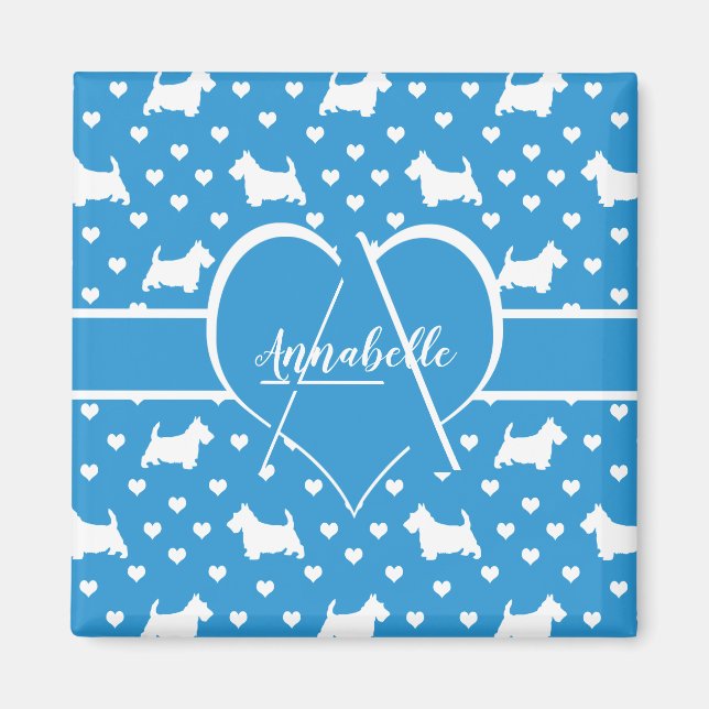 White Scottish Terriers (Scottie Hundar) Blue Magnet (Framsidan)