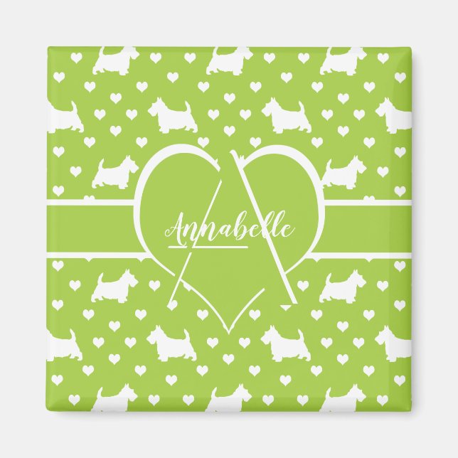 White Scottish Terriers (Scottie Hundar) Lime Gree Magnet (Framsidan)
