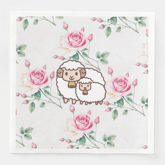 White Sheep with Baby Lamb And Rose Flowers Pappersservett (Framsida)