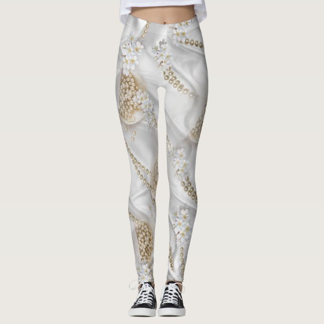 White Silke & Ivory Champaign Pearls Leggings (Framsida)