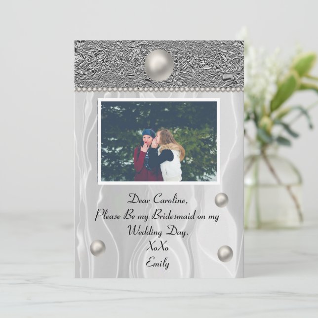 White Silke & Silver Foil med Photo for Bridesmaid Inbjudningar (Stående Fram)