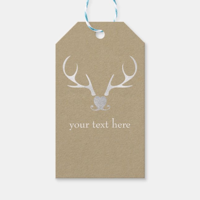 White Silver Antlers & Brow Papper Rustic Bröllop Presentetikett (Framsidan)