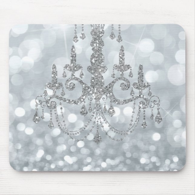 White Silver Glitter Bokeh Glam Chandelier Gnistra Musmatta (Framsidan)