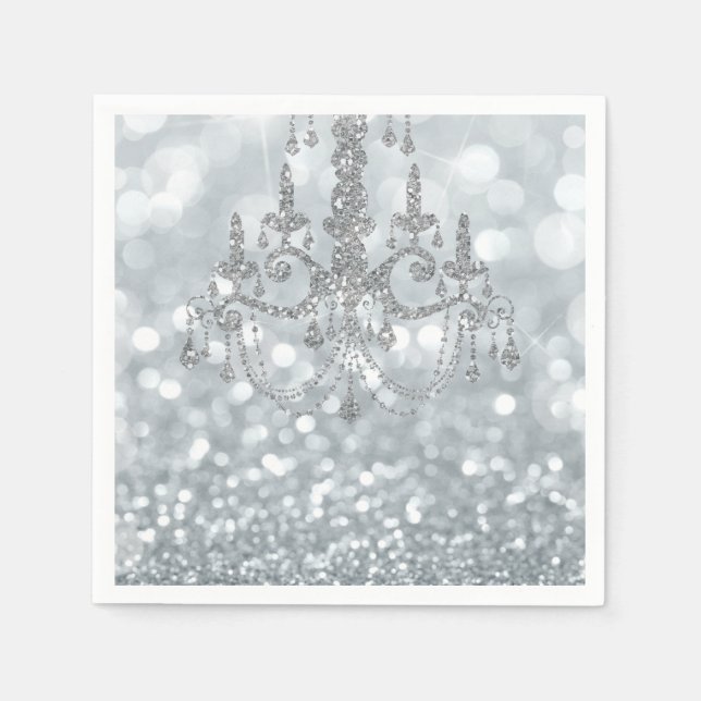 White Silver Glitter Bokeh Glam Chandelier Gnistra Pappersservett (Framsidan)