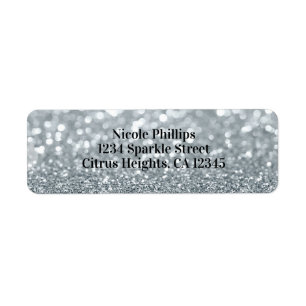 White Silver Glitter Bokeh Glam Födelsedagsfest Returadress Etikett