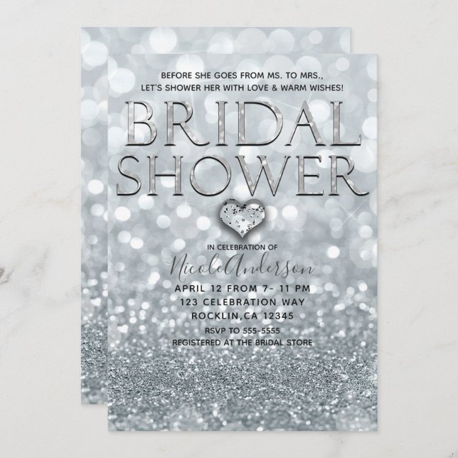 White Silver Glitter Bokeh Glam Möhippa Inbjudningar (Fram/baksida)