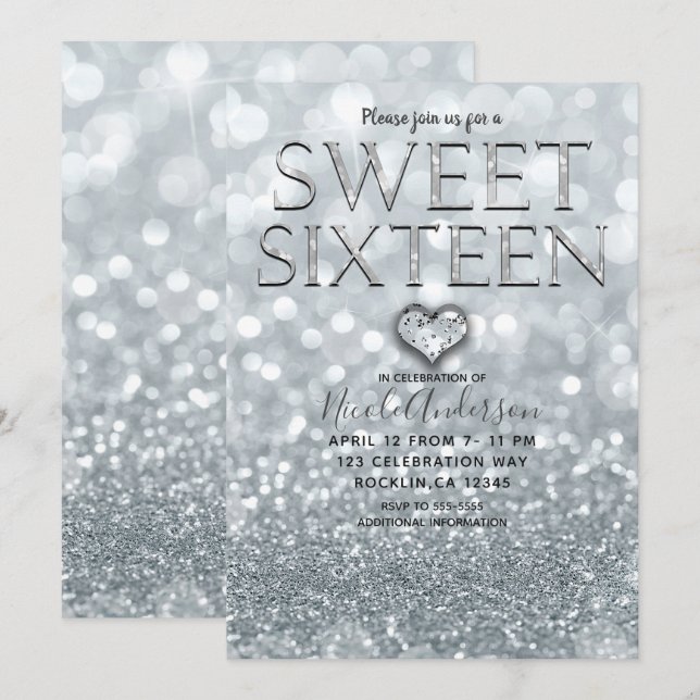 White Silver Glitter Bokeh Glam Sweet 16 Party Inbjudningar (Fram/baksida)