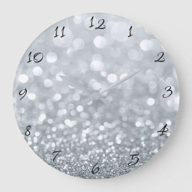 White Silver Glitter Bokeh Glam Trendig Gnistra  Stor Klocka (Framsida)