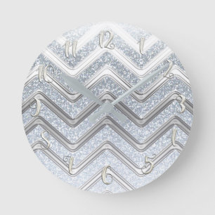 White Silver Glitter Girly Glam Glamor Chevron Rund Klocka