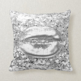 White Silver Grått Glitter Kiss Läppar Makeup Spar Kudde