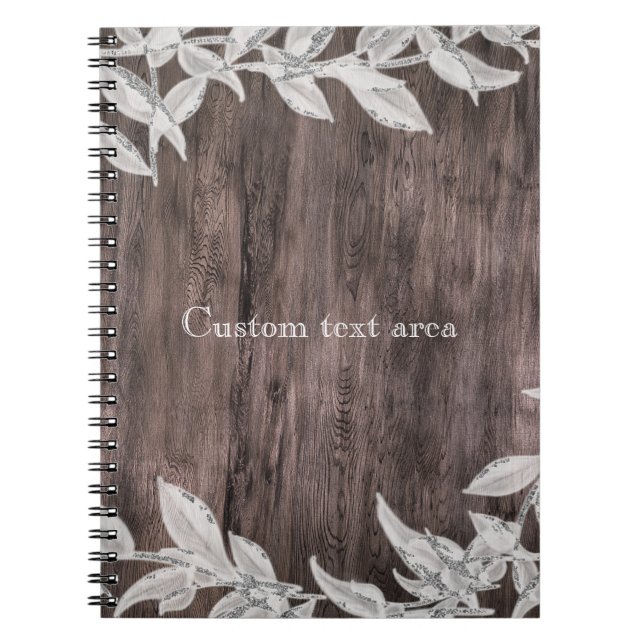 White & Silver Löv & Rustic Wood Elegant Anteckningsbok Med Spiral (Framsidan)