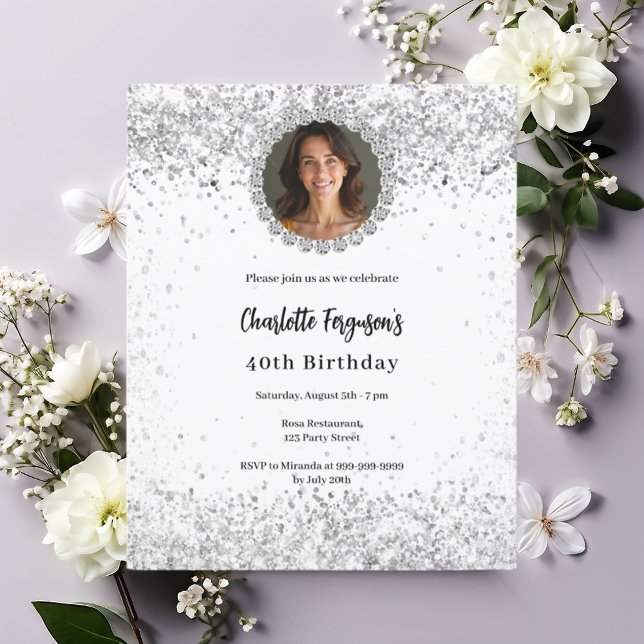 White silver photo diamonds birthday inbjudningar (Skapare uppladdad)