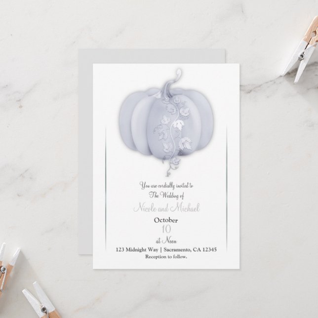White Silver Pumpkin Storybook Chic Fall Wedding Inbjudningar (Fram/Back In Situ)