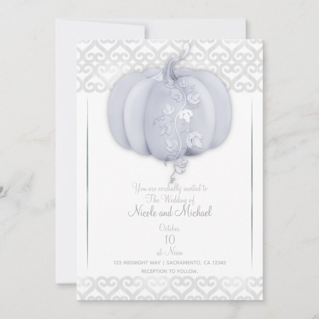 White Silver Pumpkin Storybook Hearts Fall Wedding Inbjudningar (Framsida)