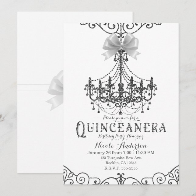 White & Silver White Bow Chic Quinceañera 15 15:e Inbjudningar (Fram/baksida)
