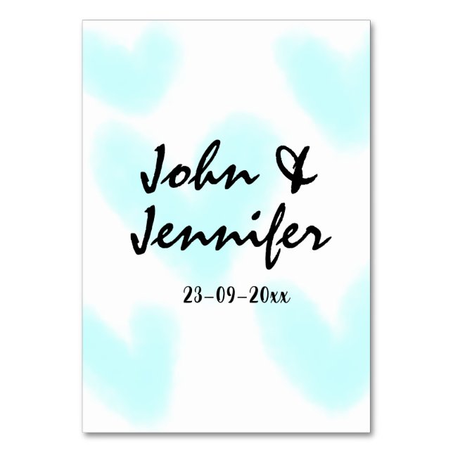 white simple minimal text style wedding blue heart bordsnummer (Framsidan)