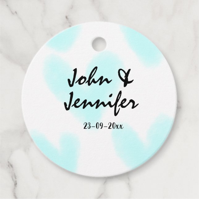 white simple minimal text style wedding blue heart gåvor etiketter (Framsida)