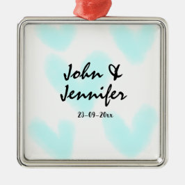 white simple minimal text style wedding blue heart julgransprydnad metall