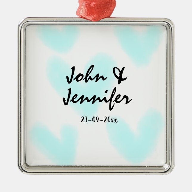 white simple minimal text style wedding blue heart julgransprydnad metall (Framsidan)