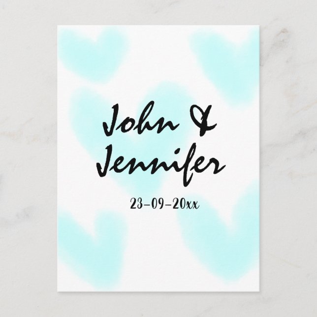 white simple minimal text style wedding blue heart vykort (Framsida)