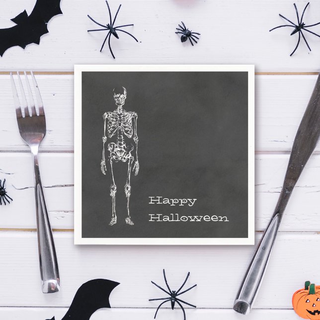 White Skeleton Black Spirit Halloween fest Pappersservett (Decorate your Halloween party with this spooky Skeleton designed black charcoal napkin. )