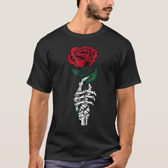 White Skeleton Hand Holding Rose Flower Funny Vale T Shirt (Framsida)