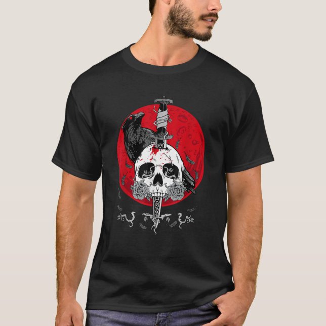 White Skull Grim Reaper Red Måne Halloween BloB T Shirt (Framsida)