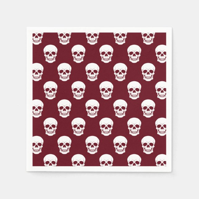 White Skull Mönster på Red Burgundy Halloween Pappersservett (Framsidan)