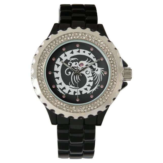WHITE SNAKE DRAGON Black, Rosa Gemstones Armbandsur (Framsida)