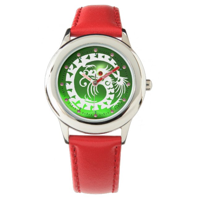 WHITE SNAKE DRAGON IN EMERALD GRÖNT Red Rosa Gems Armbandsur (Framsida)