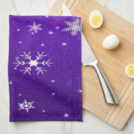 White Snöflingor Blue-Lila Backgrd Kitchen Towel Kökshandduk