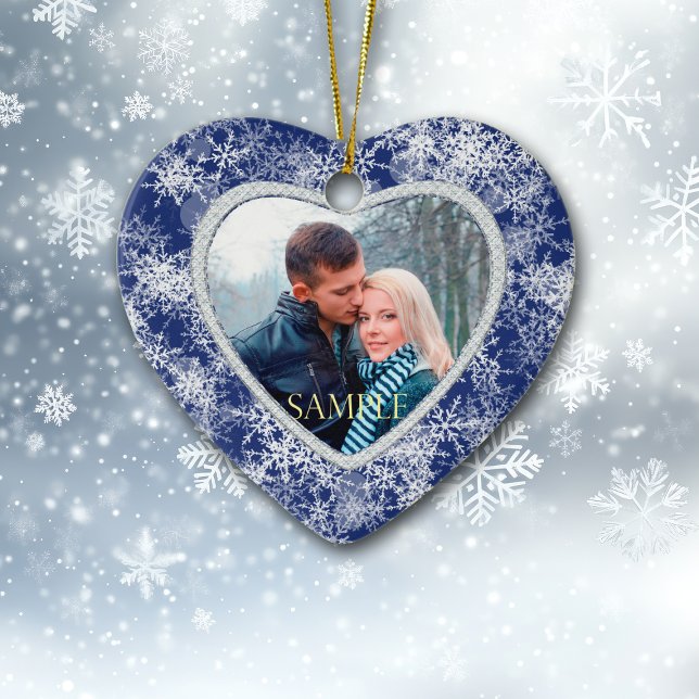 White Snöflingor Gräns på Blue Photo Template Julgransprydnad Keramik (Skapare uppladdad)