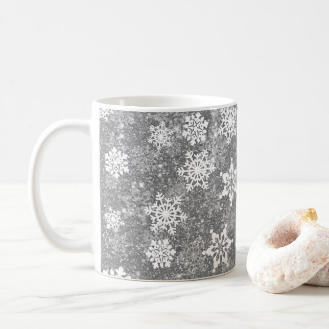 White Snöflingor Luxurie Grått Elegant jul,  Kaffemugg (Med munk)