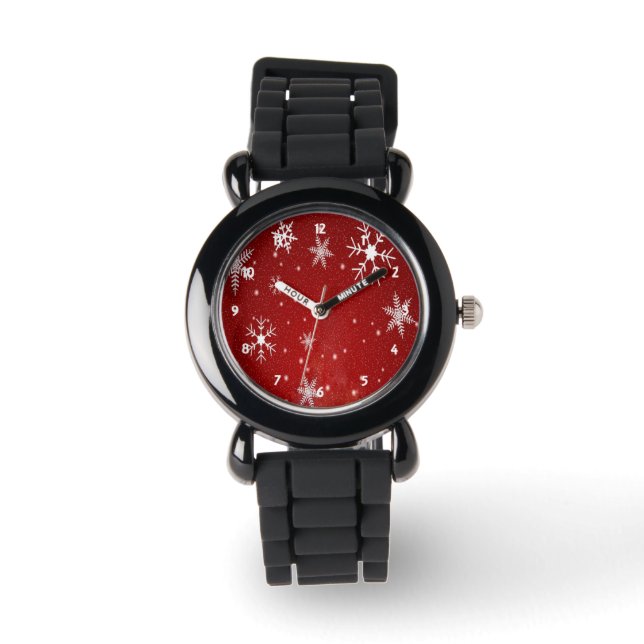 White Snöflingor med Red Background Watch Armbandsur (Framsida)