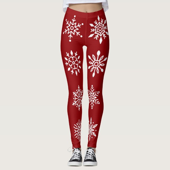 White Snöflingor on Red Winter Helgdag Leggings (Framsida)