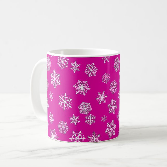 White Snöflingor på Fuchsia Rosa Background Kaffemugg (Framsida vänster)